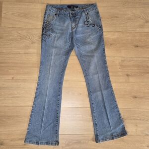 Y2K Rhinestone Embellished Bootcut Jeans Low Rise Stretch Denim Floral 2000s 29